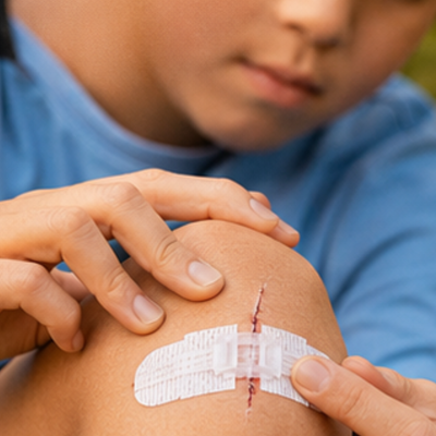 Boy applying a wound closure strip to his own shoulder