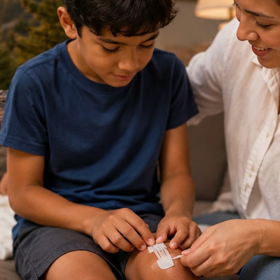 Mother helping her son apply a wound closure strip to his hand at home