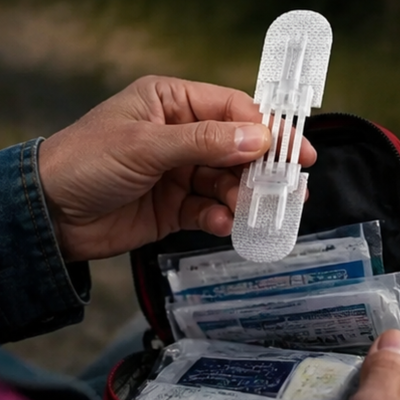 Hand holding a wound closure strip next to an open first aid kit