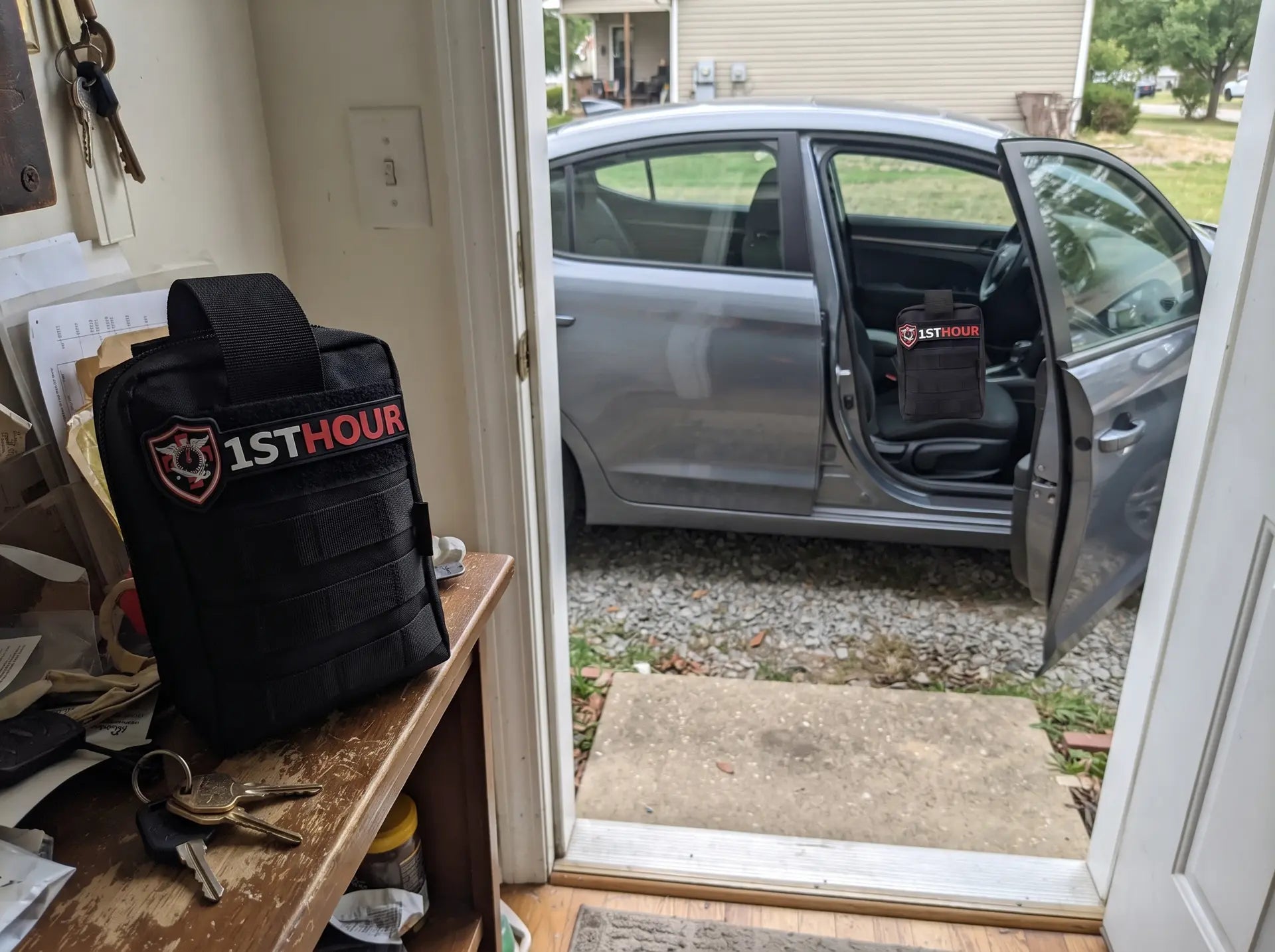 1stHour kit by the front door and in the car