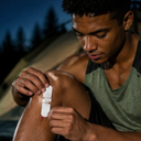 Man applying a wound closure strip to his leg at a nighttime campsite