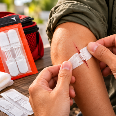 Close-up of a wound closure strip being applied to a knee, with a first aid bag nearby