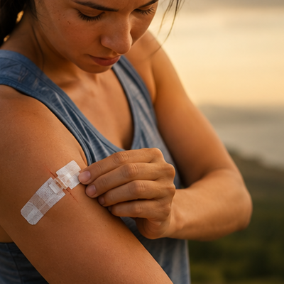 Close-up of a woman applying a wound closure strip to her arm