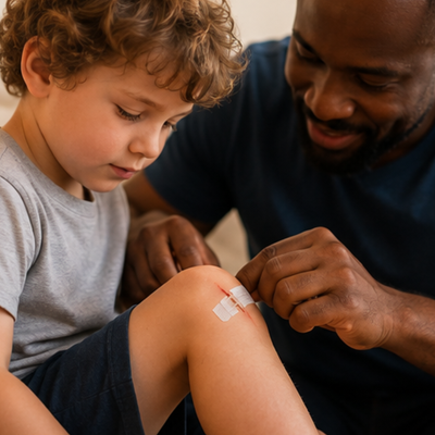 Father helping his son apply a wound closure strip to his knee outdoors