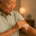Woman applying a wound closure strip to her forearm at home