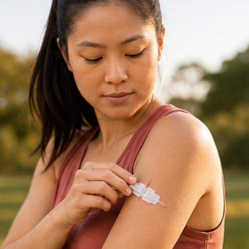 Woman applying a 1st Hour Wound Closure Kit strip to her upper arm outdoors