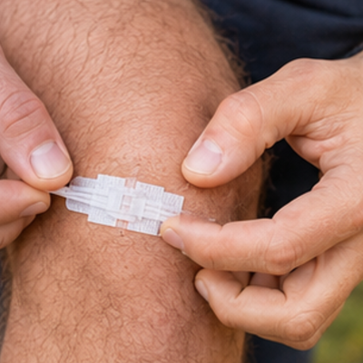 Close-up of a man applying a wound closure strip to his knee