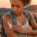 Woman hiker applying a wound closure strip to her arm on the trail