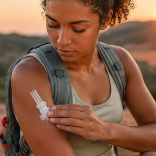 Woman hiker applying a wound closure strip to her arm on the trail