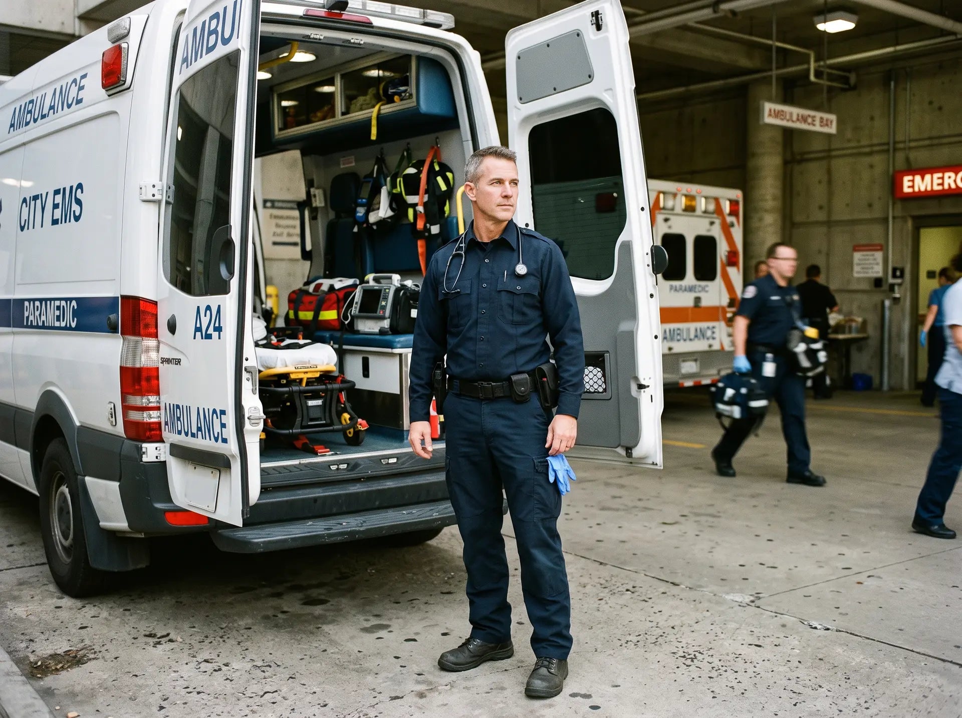 A paramedic in uniform near an ambulance bay