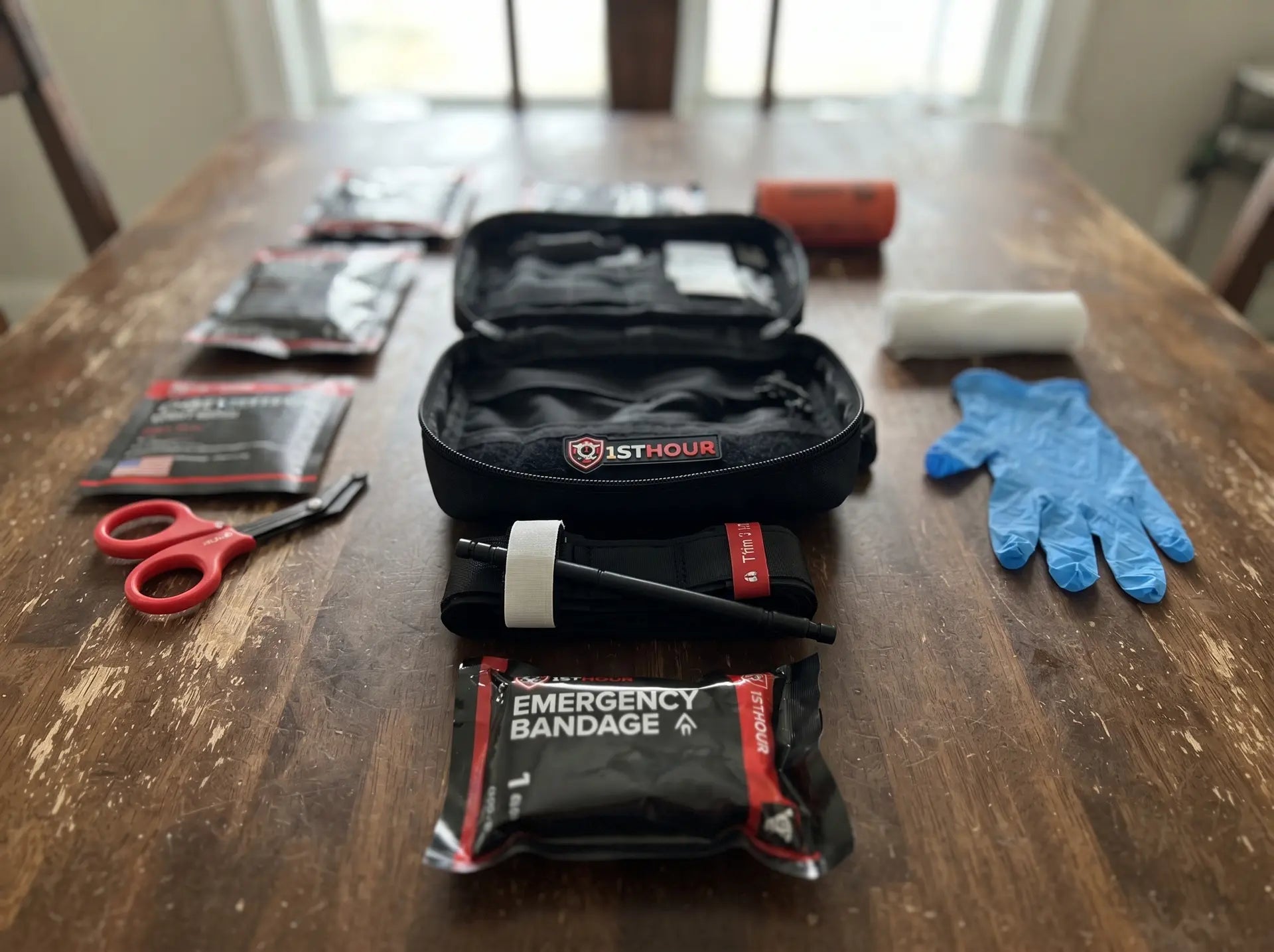 Contents of the 82-piece trauma kit laid out