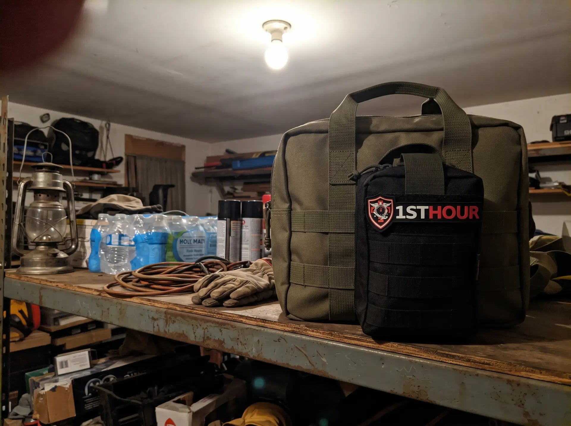 1stHour kit clipped inside a go-bag