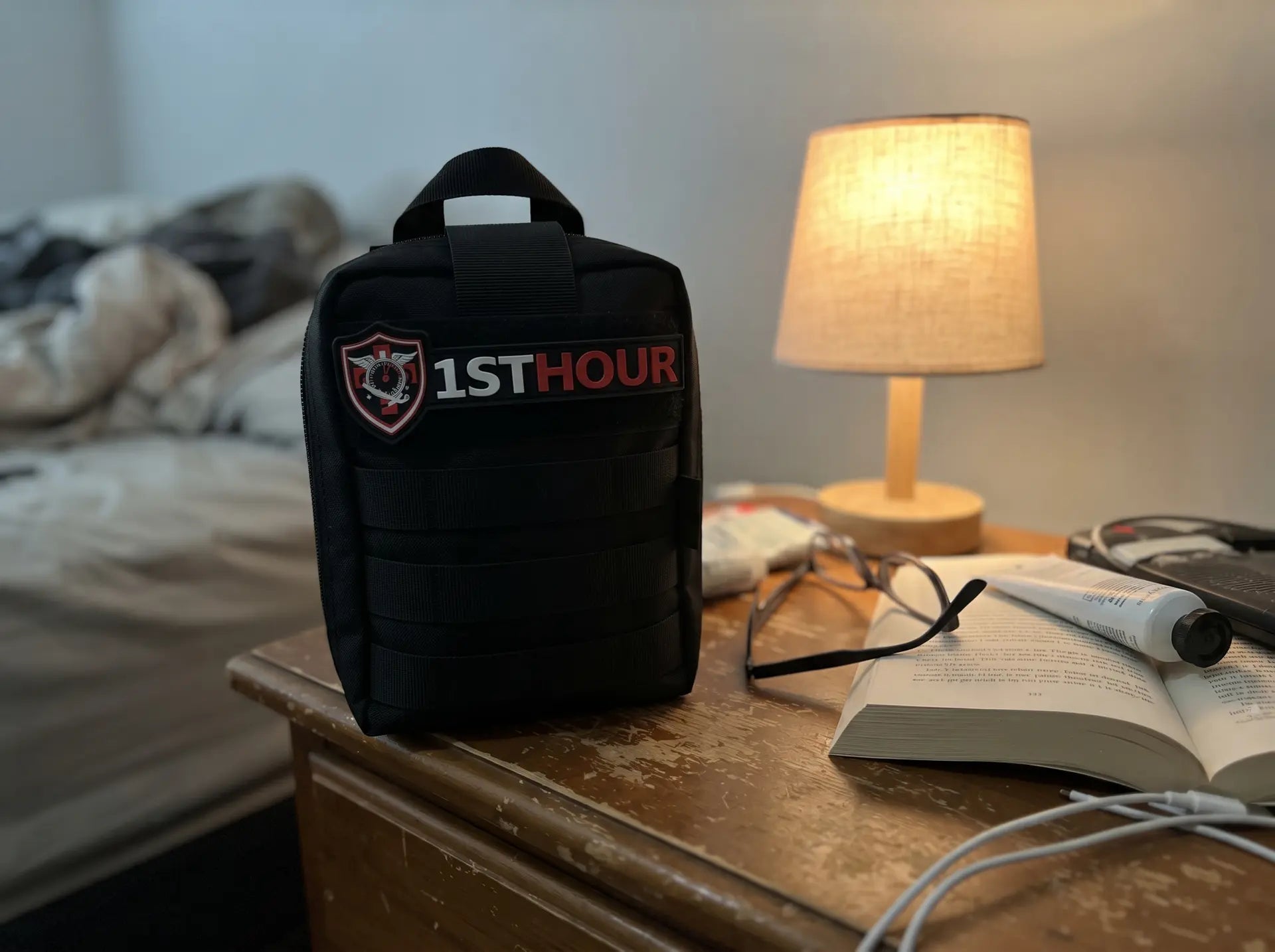 1stHour kit on a closet shelf in warm evening light