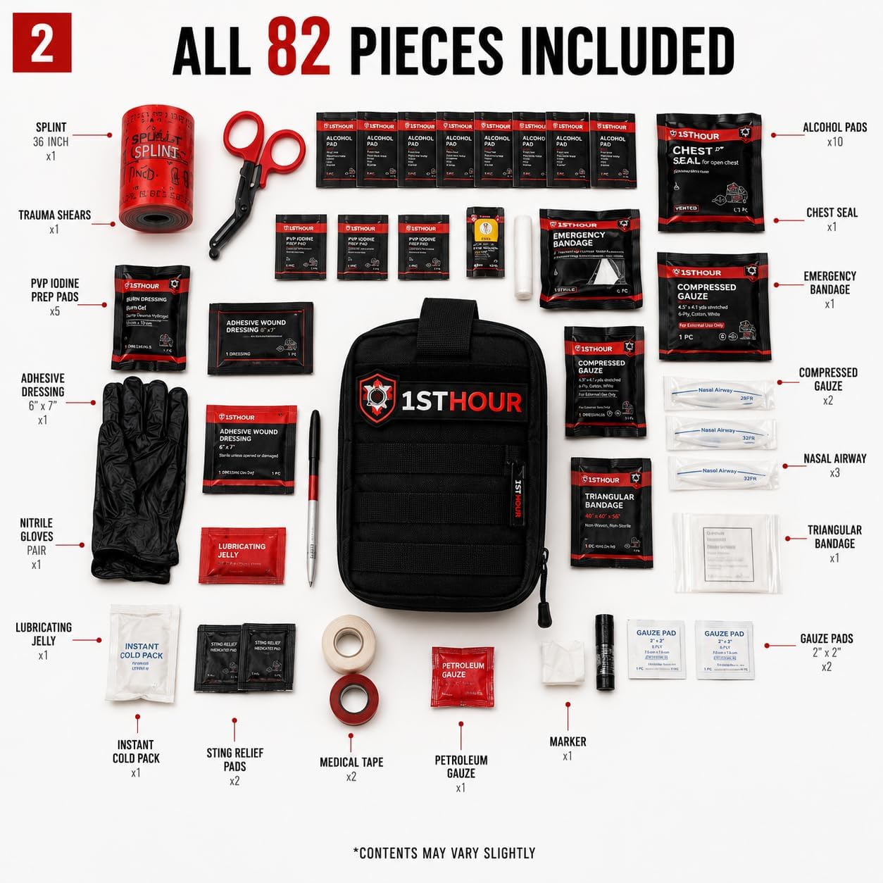All 82 pieces included in the 1stHour Trauma Kit