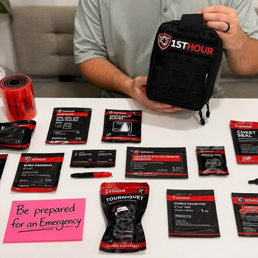 1stHour Trauma Kit held in hand with contents laid out